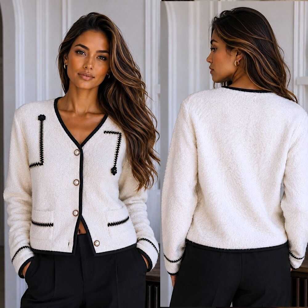 New Coco Carmen XS Elegant Ivory Pearl Button Buttery Soft Quiet Luxury Cardigan